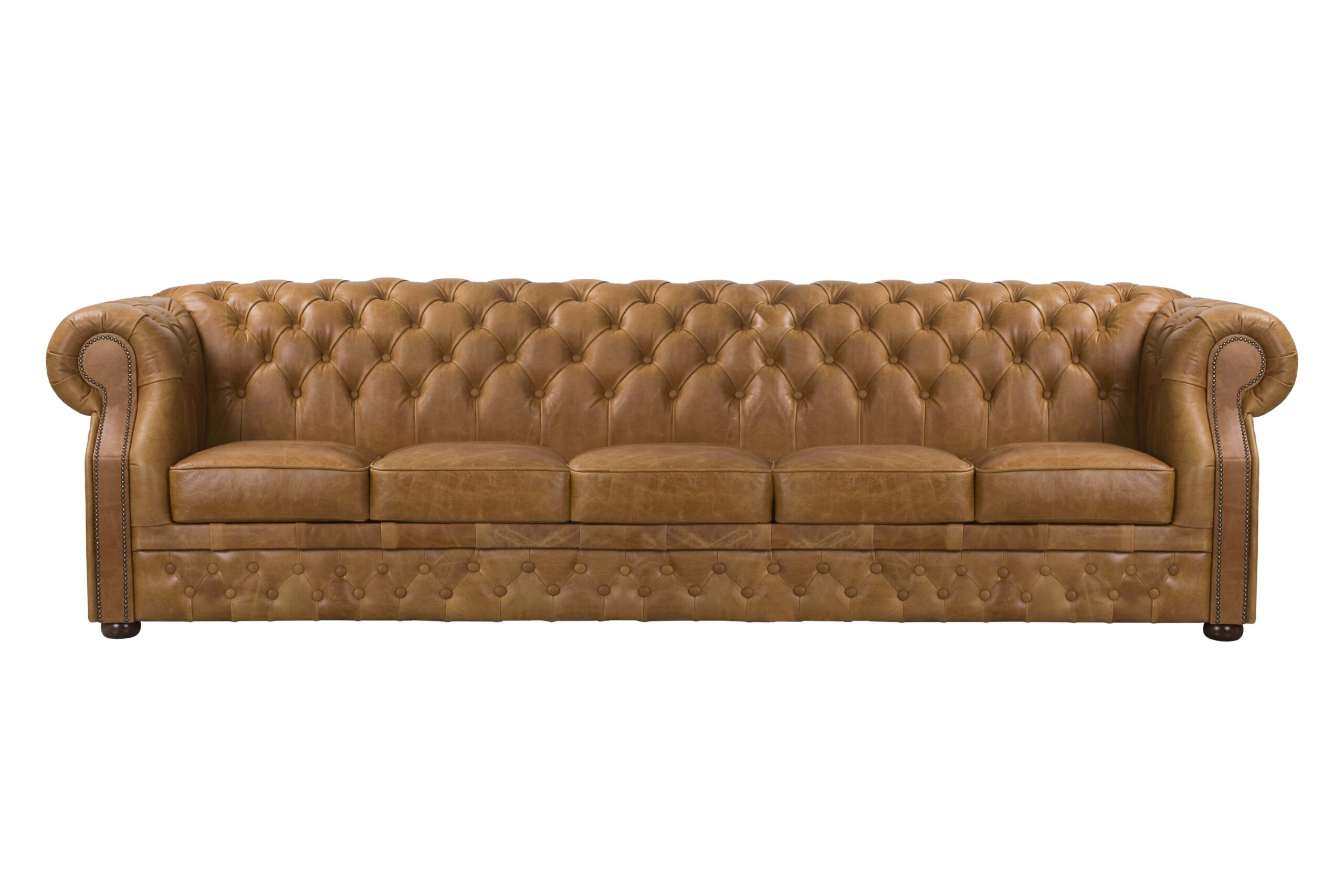 Elegancka skórzana sofa w kolorze brązowym.